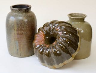 Two Stoneware Crocks and a Redware Mold