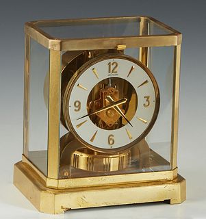 Jaeger Lecoultre Atmos Brass and Glass Mantel Clock, Ser. # 258797, 1960-1980, H.- 9 1/4 in., W.- 8 1/4 in., D.- 6 1/4 in.