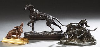 Group of Three Metal Dog Figures, 20th c., one a bronze scottie by Jennings Brothers; one a patinated spelter group of two dogs, a frog and a rabbit; 