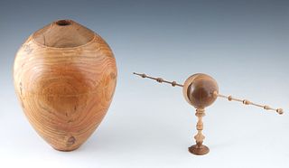 Jarred Creel, "Satellite on Stand," 2011, signed and dated on the underside, together with Dawson, "Inlaid Honey Locust Vase," 21st c., signed "Dawson