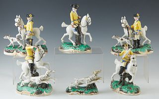 Six Piece German Mounted Hunt Party Porcelain Figural Groups, c. 1960, by Frankenthal, reproductions of the original 1770 porcelain figurines, made by