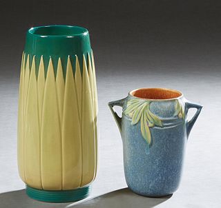 Two Pieces of Roseville Pottery, consisting of a two handled matte blue Velmoss vase, c. 1935, #714, with an orange interior, the bottom with "714" in