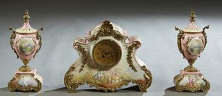 Three Piece French Ormolu Mounted China Clock Set, late 19th c., the time and strike Japy Freres clock with transfer decoration, marked A.B. Griswold,
