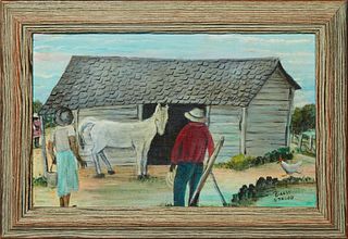 Billie Stroud (1919-2010, Louisiana), "The Horse Barn," 20th c., oil on board, signed lower right, presented in a wood frame, H.- 7 3/4 in., W.- 12 3/