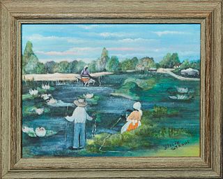 Billie Stroud (1919-2010, Louisiana), "Fishing on the River," 20th c., oil on canvas laid to board, signed lower right, presented in a wood frame, H.-
