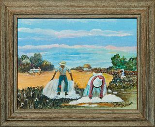 Billie Stroud (1919-2010, Louisiana), "Picking Cotton," 20th c., oil on board, signed lower right, presented in a wood frame, H.- 7 1/8 in., W.- 9 1/2