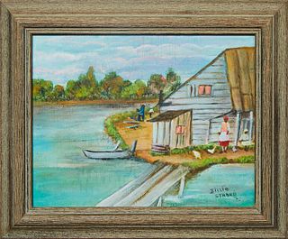 Billie Stroud (1919-2010, Louisiana), "At the Cabin," 20th c., oil on board, signed lower right, H. 7 1/8 in., W.- 9 1/2 in., Framed H.- 10 1/4 in., W