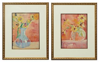 Jane Randolph Whipple (1910-2007, Louisiana), "Still Life of Flowers," 20th c., pair of watercolors on paper, signed lower right, presented in a gilt 