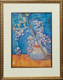 Jane Randolph Whipple (1910-2007, Louisiana), "Wisteria Still Life," 20th c., watercolor on paper, signed lower right, presented in a gilt frame, H.- 
