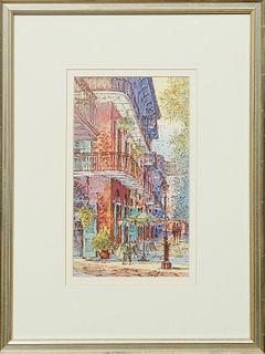 New Orleans School, "Pirates' Alley," 20th c., watercolor, unsigned, presented in a silvered wood frame, H.- 9 1/2 in., W.- 5 3/4 in.