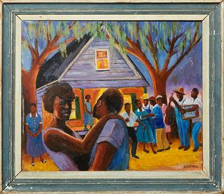 Linda Lesperance (New York/New Orleans), "The Fish Fry," 20th c., oil on canvas, signed lower right, presented in a painted wood frame, H.- 20 in., W.