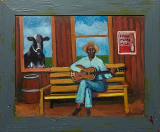 Linda Lesperance (New York/New Orleans), "Barnyard Serenade," 20th c., oil on canvas, signed lower right, titled verso on stretcher, presented in a pa