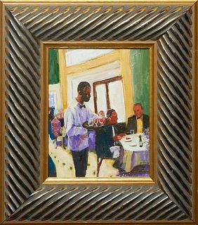 Linda Lesperance (New York/New Orleans), "Galatoire's Waiter Serving Beverages," 20th c., oil on canvas, signed lower right, presented in a gilt frame