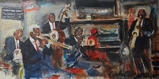 Jack Cooley (1923-2008, New Orleans), "Preservation Hall," 20th c., oil on board, signed lower left, unframed, H.- 15 in., W.- 30 in.