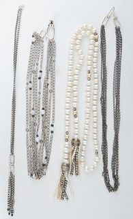 Four Mignon Faget Necklaces, 20th c., consisting of a silver link necklace with a welded chain link tasseled center, Length of chain- 25 in; a pearl a