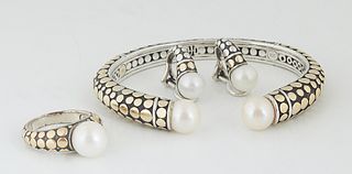 Three Pieces of John Hardy 18K Gold and Sterling Jewelry, consisting of a gold dot pearl cuff bracelet, each end with a 9mm white cultured pearl, toge
