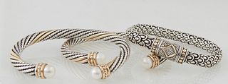 Group of Three Bracelets, consisting of two David Yurman inspired 14K yellow gold and sterling cable pearl bangles, each with an 8mm white cultured pe