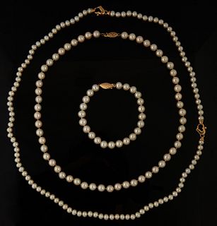Three Vintage Cultured Pearl Items, consisting of a 9mm necklace with a 14K yellow gold clasp, L.- 17 in.; a choker strand of 5mm pearls, L.- 16 in., 