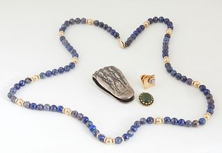 Group of Four Miscellaneous Items, consisting of a silver alligator head money clip; a lapis and 14K yellow gold bead necklace with a 14K yellow gold 