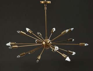 Mid-Century Modern Brass Eighteen Light "Sputnik" Chandelier, c. 1960, the eighteen arms designed to look like radio antenns, with canopy, H.- 24 in.,