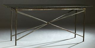 Mario Villa (1953-, Nicaragua/ New Orleans), steel marble top console table, 20th c., the ogee edge verde antico marble on tubular steel supports join