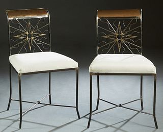 Pair of Mario Villa (1953-, Nicaragua/ New Orleans), pair of steel and copper side chairs, 20th c., the arched back crestrail over star decoration, on
