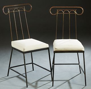 Mario Villa (1953-, Nicaragua/ New Orleans), pair of steel and copper side chairs, 20th c., the curved scrolled copper back, to a square slip seat, on