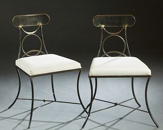 Mario Villa (1953-, Nicaragua/ New Orleans), pair of steel and copper side chairs, 20th c., the curved rest over open backs, to trapezoidal slip seats