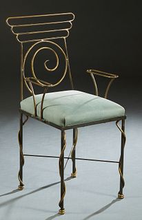 Mario Villa (1953-, Nicaragua/ New Orleans), steel and brass arm chair, 20th c., the curved graduated brass back with an open circle, above a square s
