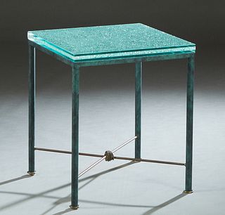 Mario Villa (1953-, Nicaragua/New Orleans), "Patinated Steel Side Table," 20th c., the thick glass top on tubular legs joined by an X-form stretcher, 