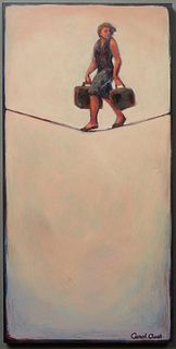 Carol Aust (California), "Balancing Act," 21st c., acrylic on panel, signed lower right, unframed, H.- 24 in., W.- 12 in.
