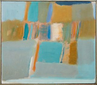 Althea Dodson Tanner (1918-2014, New Orleans), "Baby Blue and Orange Abstract," 20th c., oil on canvas, unsigned, presented in a wood frame, H.- 24 in