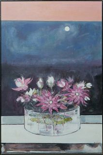 Althea Dodson Tanner (1918-2014, New Orleans), "Moonlight and Water Lilies," 20th c., acrylic on canvas, signed lower right, presented in a silver met