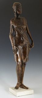 William Binnings (Louisiana), "Standing Barefoot Woman with Hands on Hips," 20th c., patinated bronze, on an integral white marble base, H.- 25 in., W