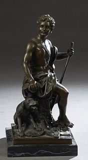 After Fernand Barbedienne (1810-1892, French), "Classical Seated Youth on a Tree Stump and his Dog," 20th/21st c., patinated bronze, on an integral fi