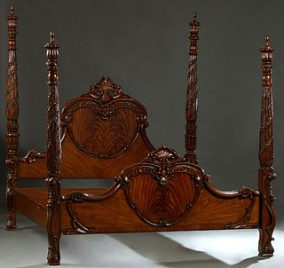 Contemporary Carved Mahogany King Size Poster Bed, 20th/21st c., the arched scrolled headboard, flanked by turned tapered floral carved posts, to wood