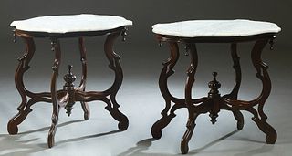 Pair of Victorian Style Marble Top Lamp Tables, 20th/21st c., the figured white ogee edge tortoise marble atop a conforming reeded skirt, on pierced s