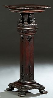American Carved Mahogany Pedestal, late 19th c., the carved rounded edge square top on a stepped square support with applied leaf and scroll carving, 