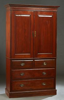 English Carved Mahogany Linen Press, late 19th c., the stepped crown over double fielded panel doors enclosing two shelves, on a base with two deep fr