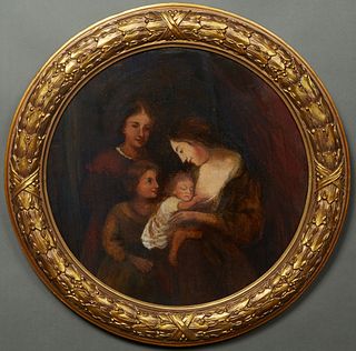 Continental School, "Mother and Child," 19th c., oil on canvas, unsigned, presented in a circular frame, Dia.-19 in., Framed Dia.- 25 1/4 in.