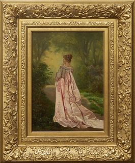 French School, "Lady in Pink with Butterflies," late 19th c., oil on board, signed indistinctly lower right, presented in a gilt frame, H.- 13 5/8 in.