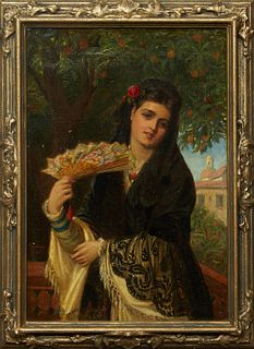 Arthur Howes Weigall (British, 1856-1892), "Spanish Woman with Fan," 1873, oil on canvas, signed and dated lower left, presented in a gilt frame, H.- 