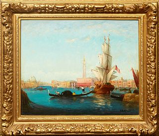 Vincent Manago (1880 - 1936, French), "Venetian Harbor," 20th c., oil on canvas, signed lower right, presented in a gilt frame, H.- 17 1/2 in., W.- 21
