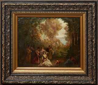 Continental School, "Women in the Garden," 19th c., oil on canvas, signed indistinctly lower left, presented in a large black and gilt frame, H.- 23 1