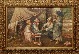 G. Moore, "Watermelon Party," 19th c., oil on canvas, signed lower left, presented in a relief shell and floral frame, pen marked on the stretcher "Pu
