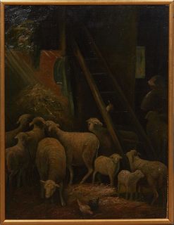 Continental School, "Sheep in Barn," 19th c., oil on canvas laid to board, unsigned, presented in a gilt frame, H.- 28 1/4 in., W.- 20 3/4 in., Framed