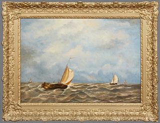 Adrianus Marijnissen (1899-1978, Dutch), "Sailboats on the Sea," 20th c., oil on panel, signed lower left, presented in an ornate gilt and gesso frame
