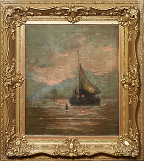 H. Meyer, "Boats in a Harbor," early 20th c., oil on canvas, signed lower right, presented in a gilt frame, H.-23 1/2 in., W.- 18 3/4 in., Framed H.- 