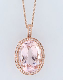 14K Rose Gold Pendant, with a 16.91 carat oval morganite atop a border of round diamonds, with a diamond mounted bail, on a 14K rose gold tiny link ch