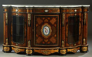 Impressive French Louis XV Style Bombe Marquetry Inlaid Mahogany Marble Top Ormolu Mounted Bowfront Parlor Cabinet, 19th c., the serpentine stepped fi